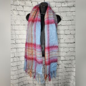 John Hanly Ireland Mohair Wool Plaid Fringe Scarf‎
